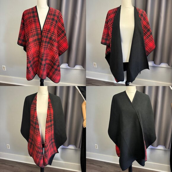 Fleece Red Black Buffalo Plaid Wrap Cape Blanket Poncho Reversible One Size Wmns - Picture 1 of 14